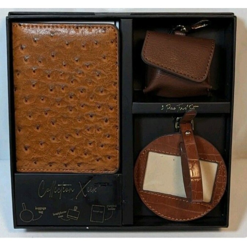Boxed 3 Piece Travel Set Passport ID Wallet Luggage Tag Ear Bud Case Brown